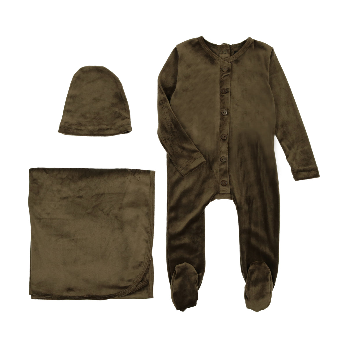 Olive Velour Button Beanie Cuddle and Coo